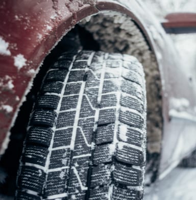 Close-up of tire treads covered in snow