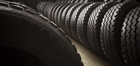 Row of commercial tires in a shop lined up
